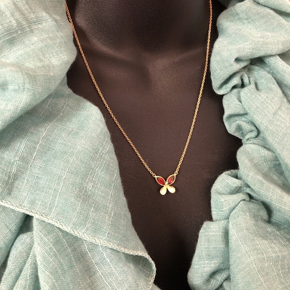 Solid Stamped 14K Yellow Gold Italy Natural Garnet & Diamond Butterfly Necklace - Picture 13 of 16